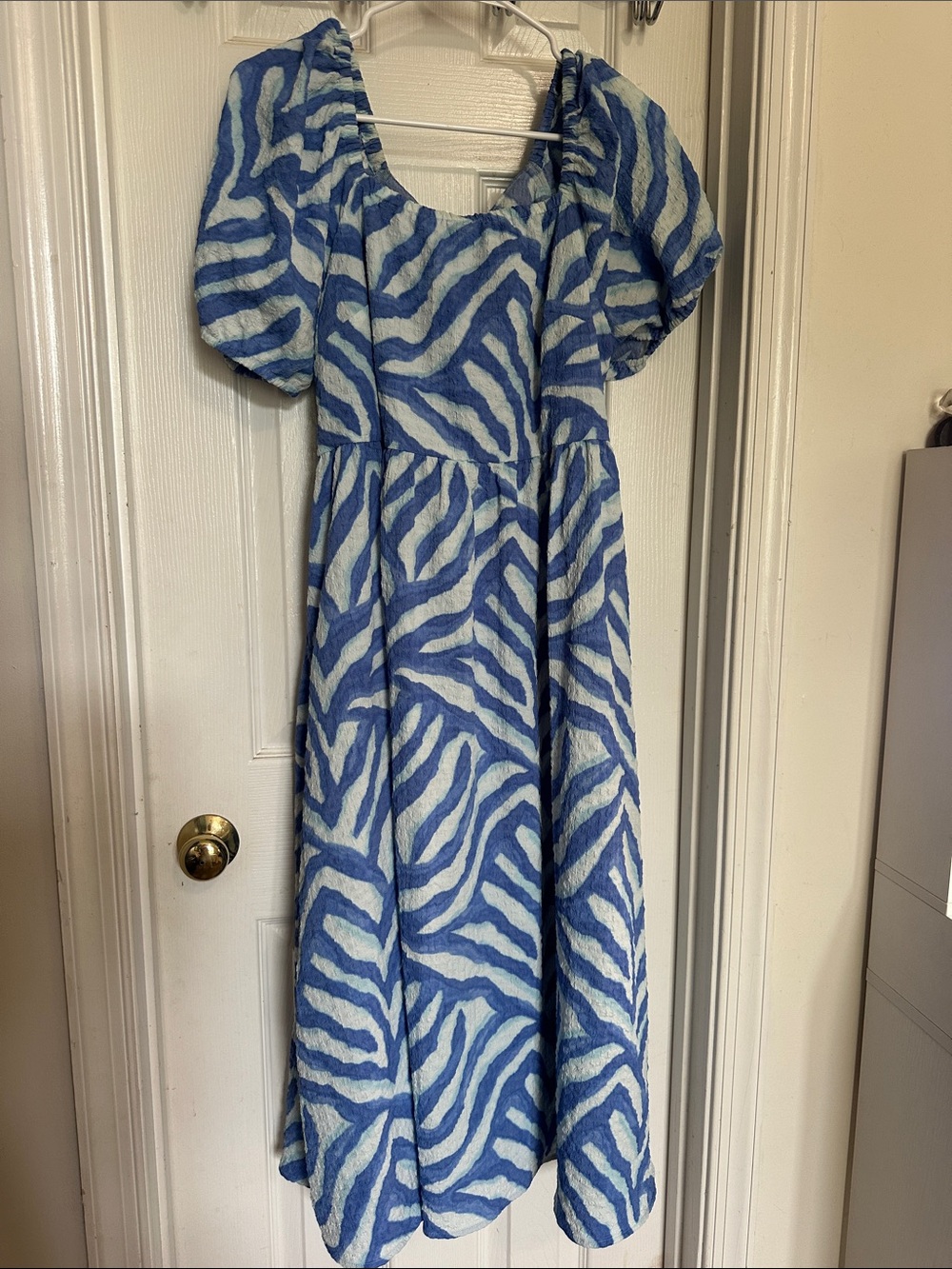 Time and Tru Blue and White Zebra-Print Puff Sleeve Dress